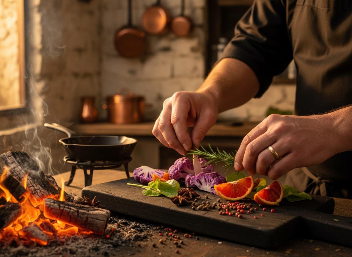 A chef finishing a dish over flame