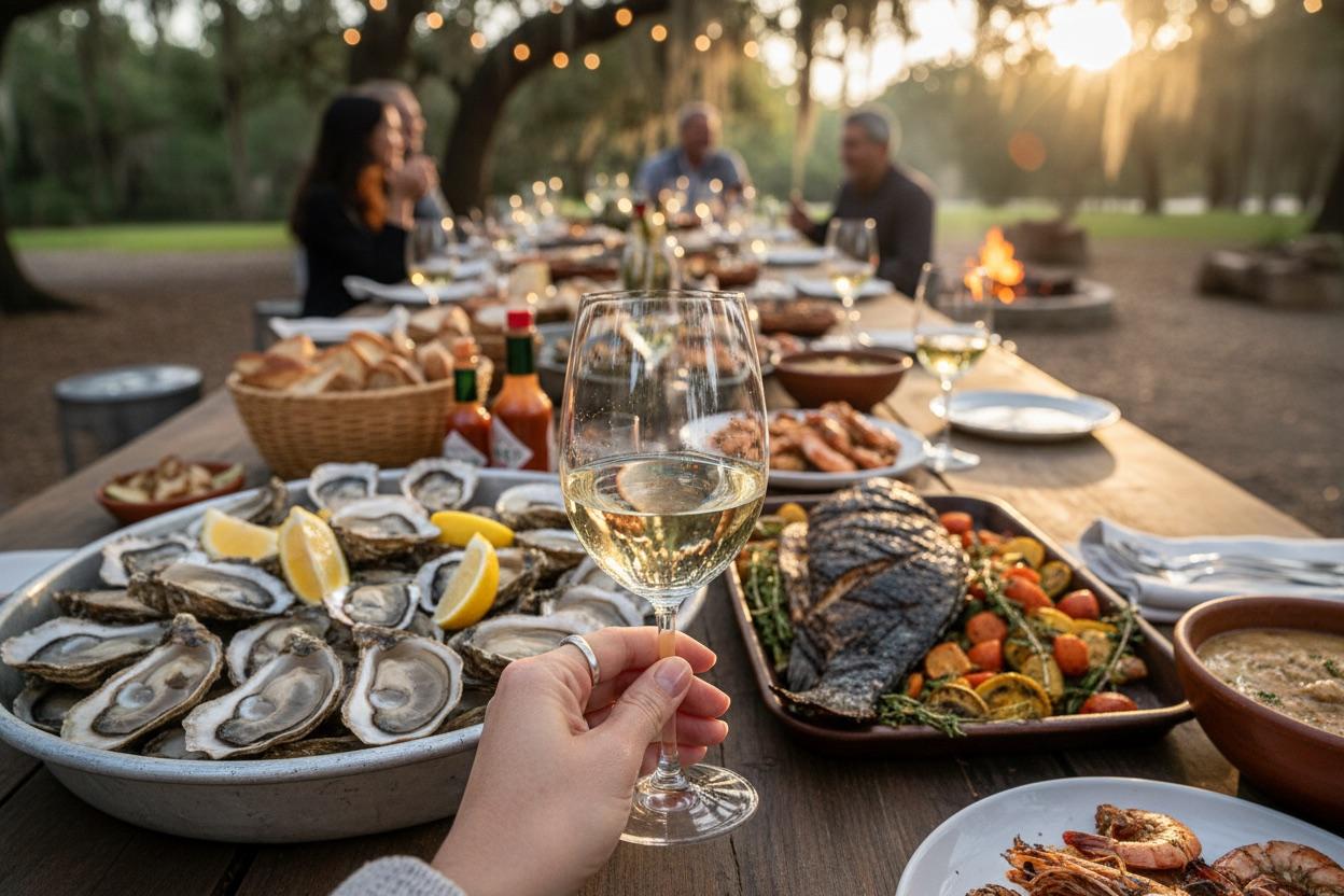 Food and wine prepared for a private gathering