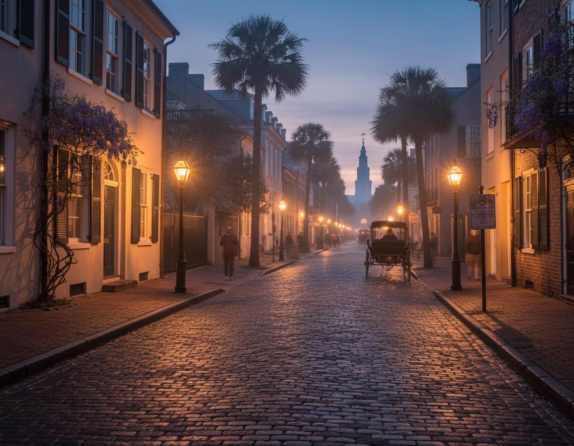 A warm Charleston streetscape at dusk