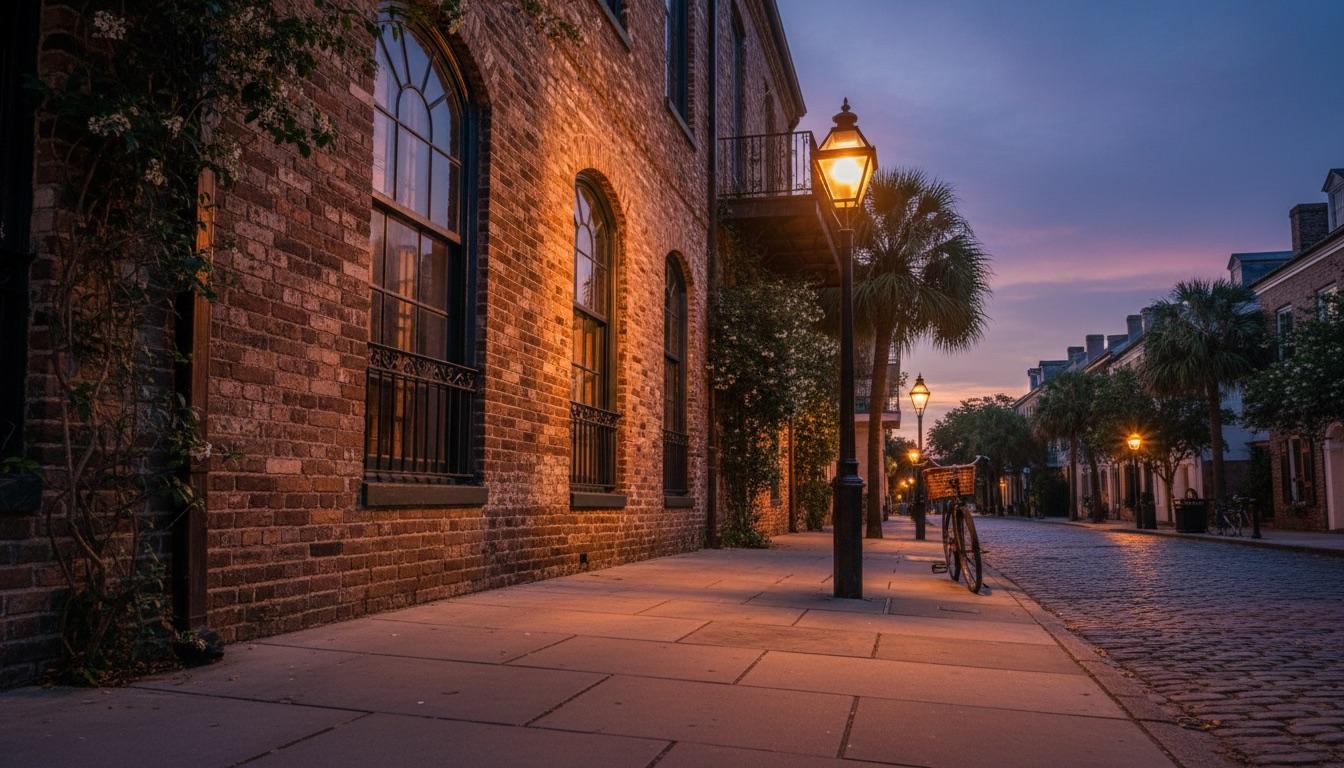 A warm Charleston streetscape at dusk